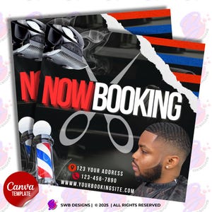 May include: A promotional flyer for a barbershop with the words "NOW BOOKING" in red and white. The design includes barber clippers, scissors, a barber pole, and a profile of a man with a fresh haircut. Contact information is also included.