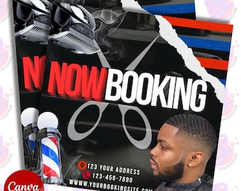 May include: A promotional flyer for a barbershop with the words "NOW BOOKING" in red and white. The design includes barber clippers, scissors, a barber pole, and a profile of a man with a fresh haircut. Contact information is also included.