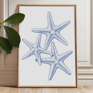 Lámina artística vintage de estrellas de mar: decoración de pared náutica costera, ilustración de vida marina imprimible digitalmente y póster del océano en tinta azul.