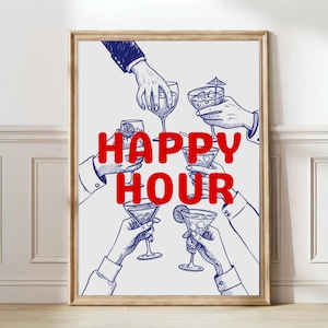 Póster de cóctel de la hora feliz: arte lineal imprimible para pared de bar, ilustración minimalista de bebida, decoración de cocina moderna, descarga digital instantánea