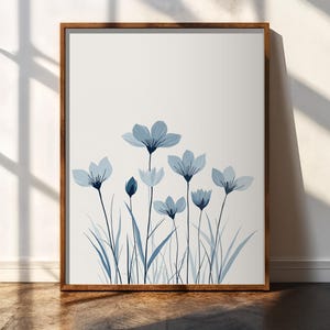 Minimalist Blue Floral Wall Art Printable – Botanical Line Art Poster, Digital Download, Chinoiserie-Inspired Flower Illustration