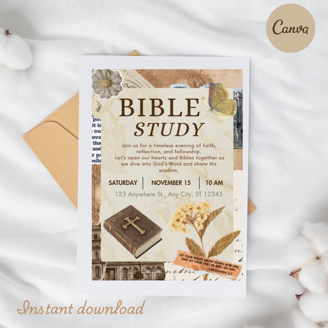 Christian Library Invitations Vintage Bible Study Invitation | Editable Christian Gathering Template ...