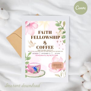 Może przedstawiać: Cyfrowe zaproszenie z tekstem "Faith Fellowship & Coffee" w brązowej czcionce, z kwiatowymi ilustracjami i gołębiami. Zaproszenie zawiera szczegóły wydarzenia: sobota, 15 listopada, o godzinie 20:00 i adres. Projekt ma styl akwareli z różowymi i zielonymi akcentami.