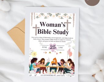 Op de afbeelding: Een witte uitnodigingskaart met de tekst "Woman's Bible Study" en illustraties van studerende vrouwen. De kaart bevat de datum 25 juni, 14:00 uur, en het adres 123 Anywhere St., Any City. De woorden "Direct downloaden" staan onderaan.