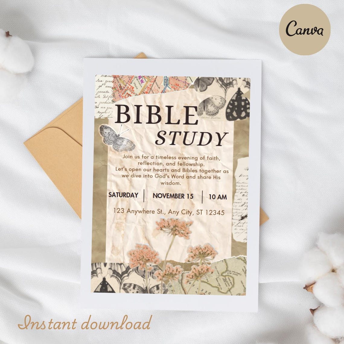 Christian Library Invitations Vintage Bible Study Invitation | Editable Christian Gathering Template ...