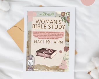 Op de afbeelding: Een witte uitnodigingskaart met de tekst "WOMAN'S BIBLE STUDY" in vintage stijl. De kaart bevat details voor een evenement op 19 mei om 16.00 uur, met een aquarel illustratie van een boek en rozenkrans. De tekst "Instant download" staat onderaan.