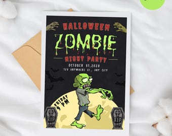 Può includere: Un invito per una festa di Halloween con l'illustrazione di uno zombie verde, due lapidi grigie con la scritta RIP e una luna gialla. Il testo recita HALLOWEEN ZOMBIE NIGHT PARTY, 31 OTTOBRE 2028, 123 ANYWHERE ST., ANY CITY, e VENERDÌ 21:00.