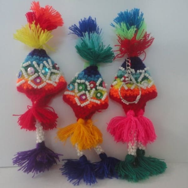 1 Peruaanse wol Chullo Pom Pom Hat sleutelhanger / sleutelhanger handgemaakte verzamelbare nieuwe kunst Peru Folk & Etnisch ***Een speciaal cadeau voor Kerstmis***