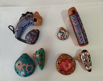 Set 2 Peruvian Ocarina Flute Ceramic Clay Whistle Handmade Handpainted Collectable New Musical Andes Instrument Art Peru Choose your set