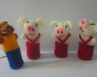 The Three Little Pigs and the Wolf 4 Wool Peruvian Finger Puppet Collectable Handmade New Art Peru