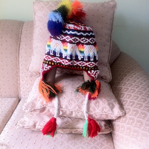 Peruvian Wool, Pom Pom &  Mostacillas Beads Chullo Hat  Unisex Fine Handmade Art Peru Ear Flap Warm Ethnic *** Perfect Gift for Christmas***