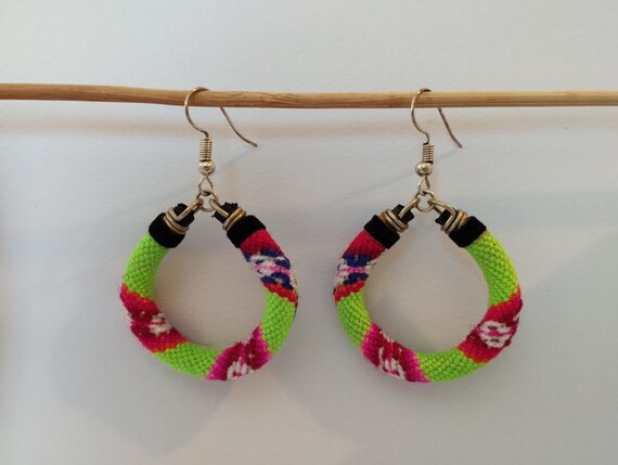 Peruvian Dangle Hoop Earrings Peruvian Manta Fabric Handmade