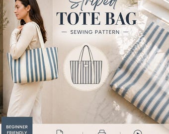 Tote Bag Sewing Pattern PDF, Large Canvas Tote Pattern, Striped Beach Bag DIY, Market Shopper Bag Pattern, Instant Download, Beginner Sewing