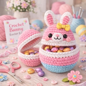 May include: A pink and white crochet bunny Easter egg with a yellow bow, holding chocolate eggs. The egg is open, revealing the treats inside. The words "Crochet Bunny Easter Egg" are on a card in the background. Decorative Easter theme.