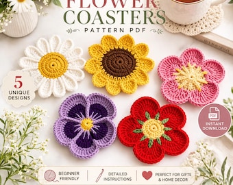 Flower Coaster Crochet Pattern PDF, Flower Coaster Crochet Set, Beginner Floral Mug Rug, Instant Download, 5 Floral Designs