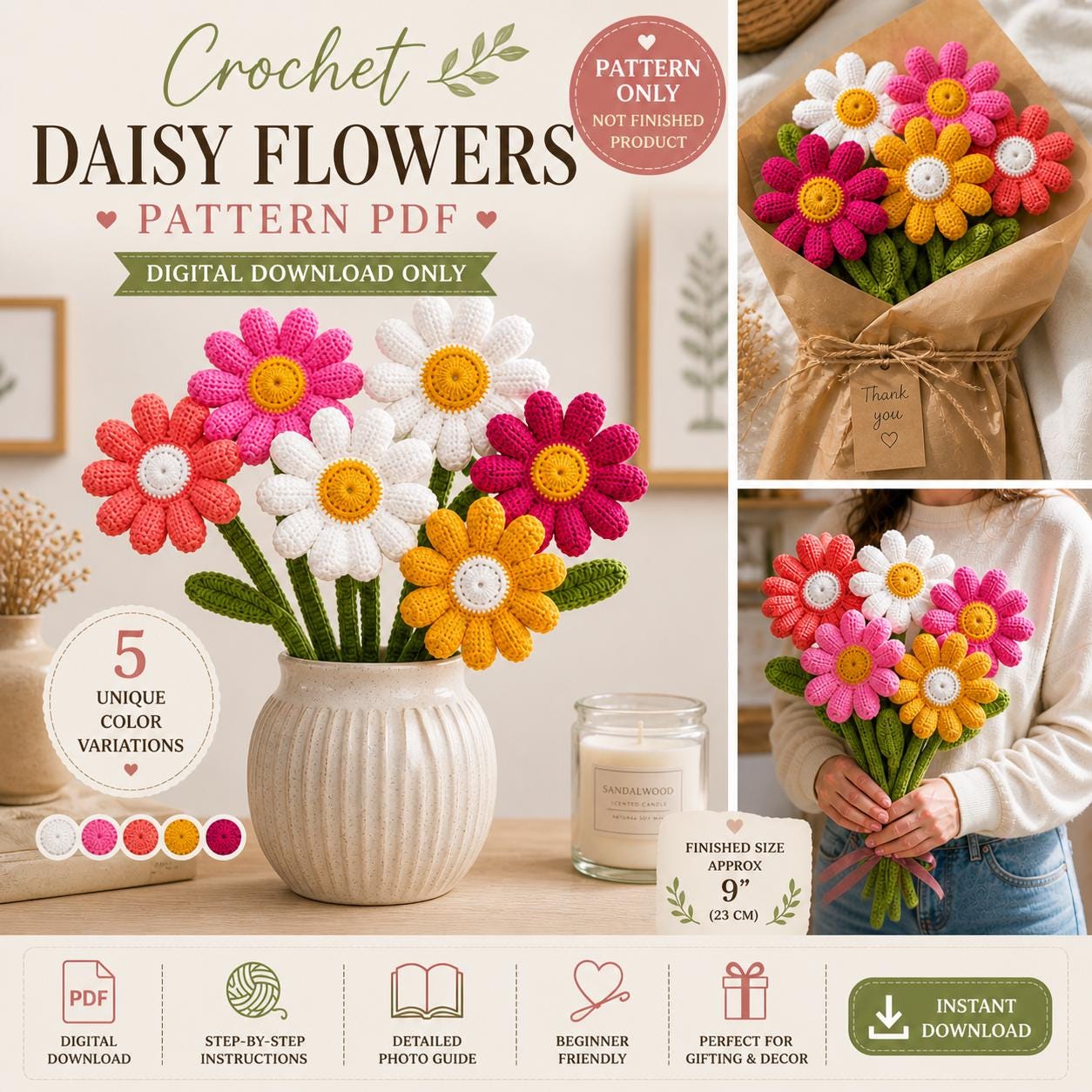 38 Daisy Crochet Patterns for Gifts, Home Decor, and Easy Floral Makes 4 Crochet Daisy Flower Pattern Amigurumi Floral Bouquet