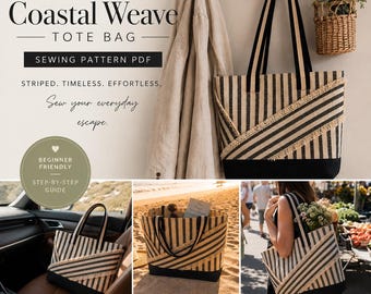 Coastal Tote Bag Sewing Pattern PDF, Beginner Beach Bag Pattern, Striped Market Tote Tutorial, Easy DIY Tote Bag