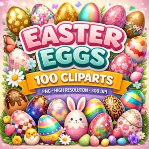 Påskäggs Clipart-paket, 100+ färgglada PNG-designer (digital nedladdning) Klar att använda