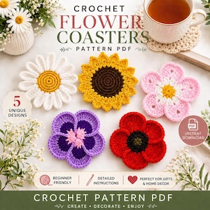 Schema PDF per sottobicchiere a forma di fiore all'uncinetto, set per sottobicchiere a forma di fiore all'uncinetto, sottotazza floreale per principianti, download immediato, 5 disegni floreali