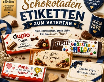 Vatertag Schokoladenetiketten zum Ausdrucken, Printable Geschenk fuer Papa, Suessigkeiten Etiketten Sofortdownload