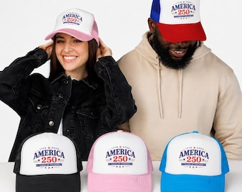 America 250 Embroidered Trucker Hat, Patriotic Mesh Snapback Cap, Vintage USA Embroidery Hat, 4th of July Hat, Americana Baseball Cap
