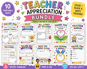 Teacher Appreciation Printable Cards Bundle, End of Year Gift for Teacher, Thank You Teacher Coloring Pages Kids PDF Instant Download