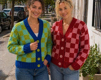 Crochet Cardigan Pattern PDF, Checkered Granny Square Sweater (Digital Download)