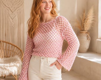 Crochet Pattern PDF Pink Mesh Cardigan Top, Women Crochet Bell Sleeve Sweater, Boho Summer Cover Up, Beach Crochet Top Pattern
