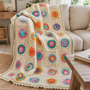 Colorful Sunburst Granny Square Blanket Crochet Pattern: Retro Boho Throw PDF
