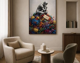Funny Overthinking Poster, the Thinker Parody Art, Tangled Yarn