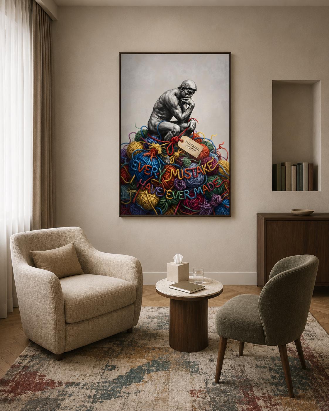 Funny Overthinking Poster, the Thinker Parody Art, Tangled Yarn