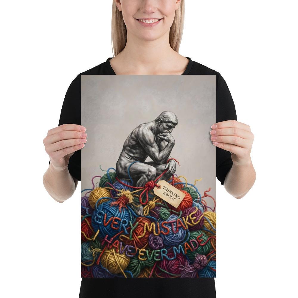Funny Overthinking Poster, the Thinker Parody Art, Tangled Yarn