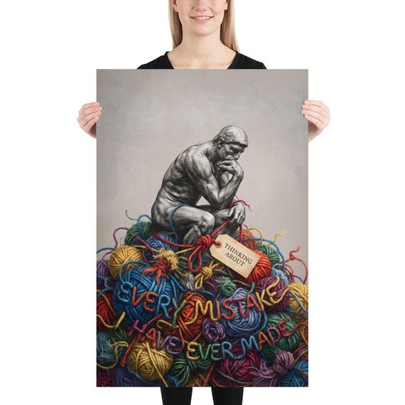 Funny Overthinking Poster, the Thinker Parody Art, Tangled Yarn