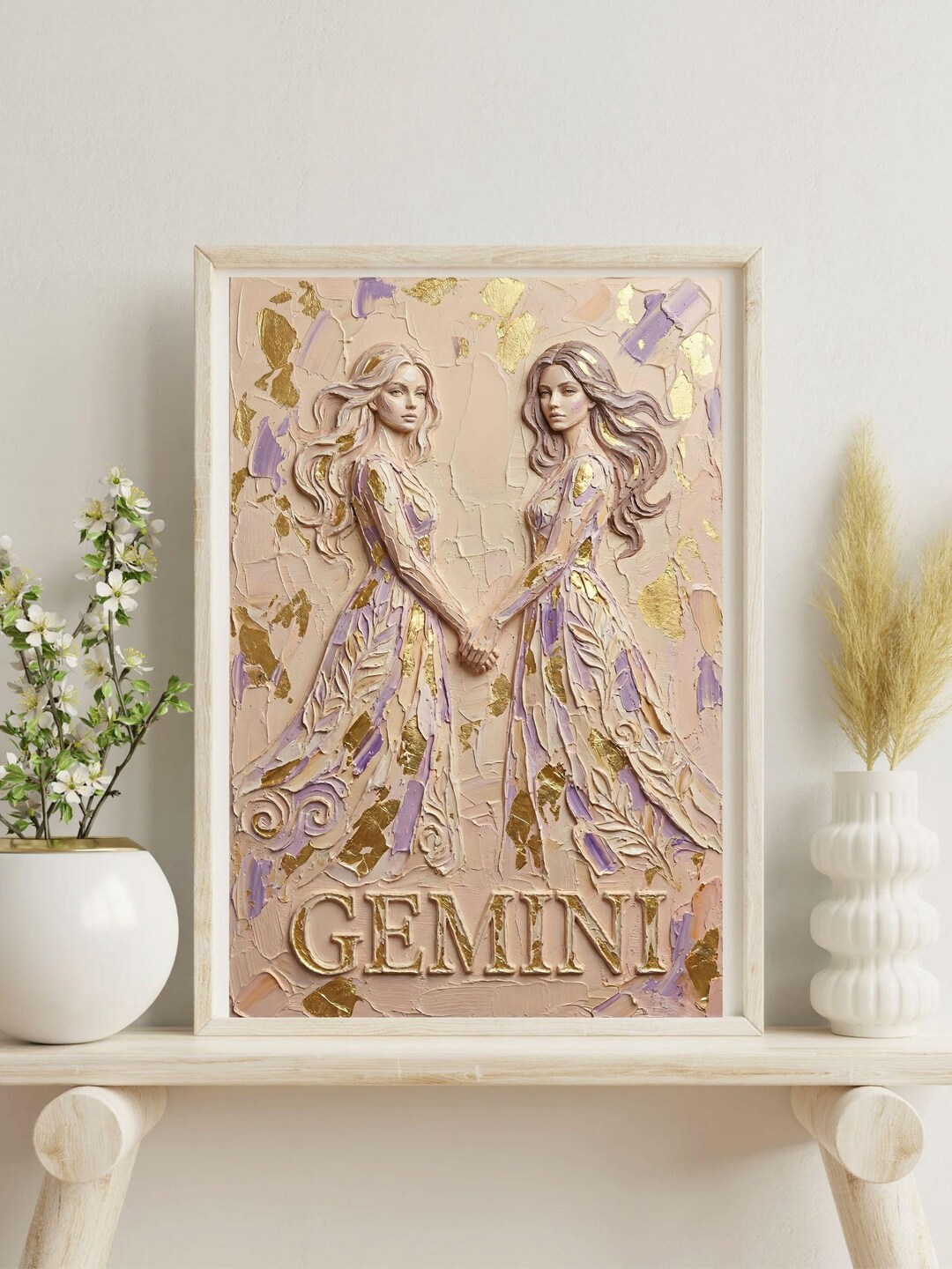 Gemini Zodiac Impasto Poster, Twin Sisters Wall Art, Gold Foil Print ...