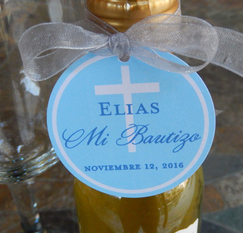 Spanish Baptism custom 2 Thank You Favor Tags 40 for your Mini Wine or Champagne Bottles