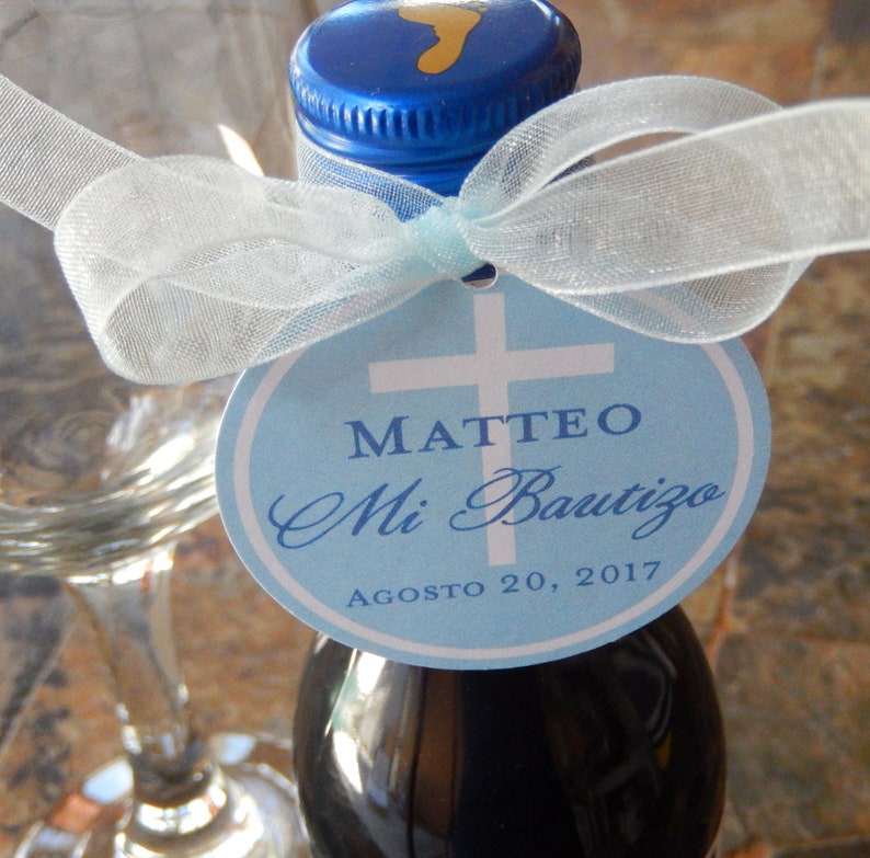Spanish Baptism custom 2 Thank You Favor Tags 40 for your Mini Wine or Champagne Bottles