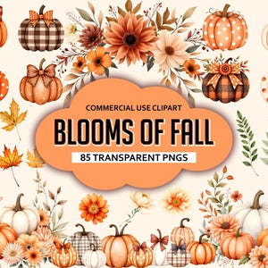 May include: A collection of watercolour clipart featuring pumpkins, autumn leaves, and floral arrangements in orange, brown, and white. The text "Blooms of Fall" is displayed on an orange background, with the text "Commercial Use Clipart" and "85 Transparent PNGs".