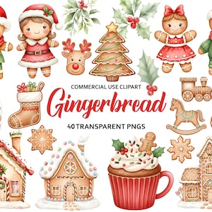 May include: A collection of watercolor gingerbread-themed clip art. Includes gingerbread people, a reindeer, a Christmas tree, houses, a cupcake, and other festive elements. The text "Gingerbread" and "40 Transparent PNGs" are also visible.