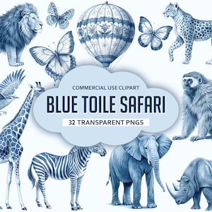 Blue Toile de Jouy Safari Animal Clipart | Chinoiserie PNG | French Toile Nursery Art & Baby Shower Designs
