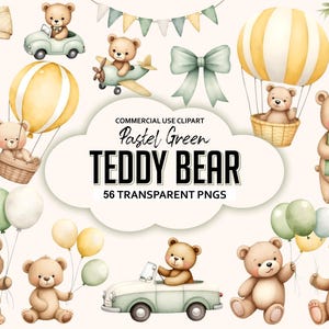 Teddy Bear Watercolor Clipart - Baby Green Boy - Teddy Bear Nursery Art - Baby Shower - Instant Download - Png - Teddy Bear Birthday