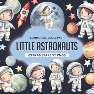 Astronaut Watercolor Clipart Bundle, Outer Space Png, Kids Sublimination Set, Playful Kid's Astronaut Clipart Set, Cute Outer Space PNG