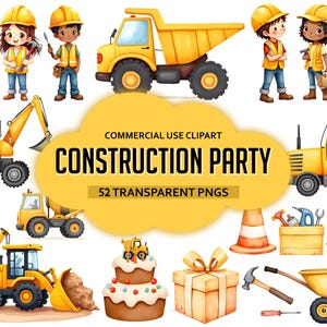 Aquarell Clipart Bundle, Kinder Clipart, Baustellenfahrzeuge, LKW, Bagger, Kran, Kinderzimmer Geburtstagsparty