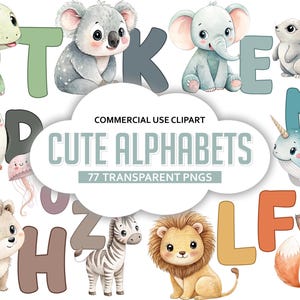 Cute Animal Alphabet Clipart | Watercolor ABC Letters PNG | Nursery Wall Art & Learning Designs