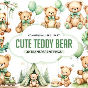 Teddy Bear Clipart | Watercolor Sage Green Bear PNG | Baby Shower & Nursery Art for Kids’ Birthday Designs