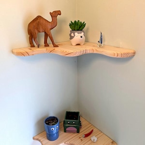 Live Edge Corner Floating Shelf | Funky Solid Wood Wall Art | Unique Rustic Bookshelf for Small Spaces, Aesthetic Plant Ledge, Housewarming