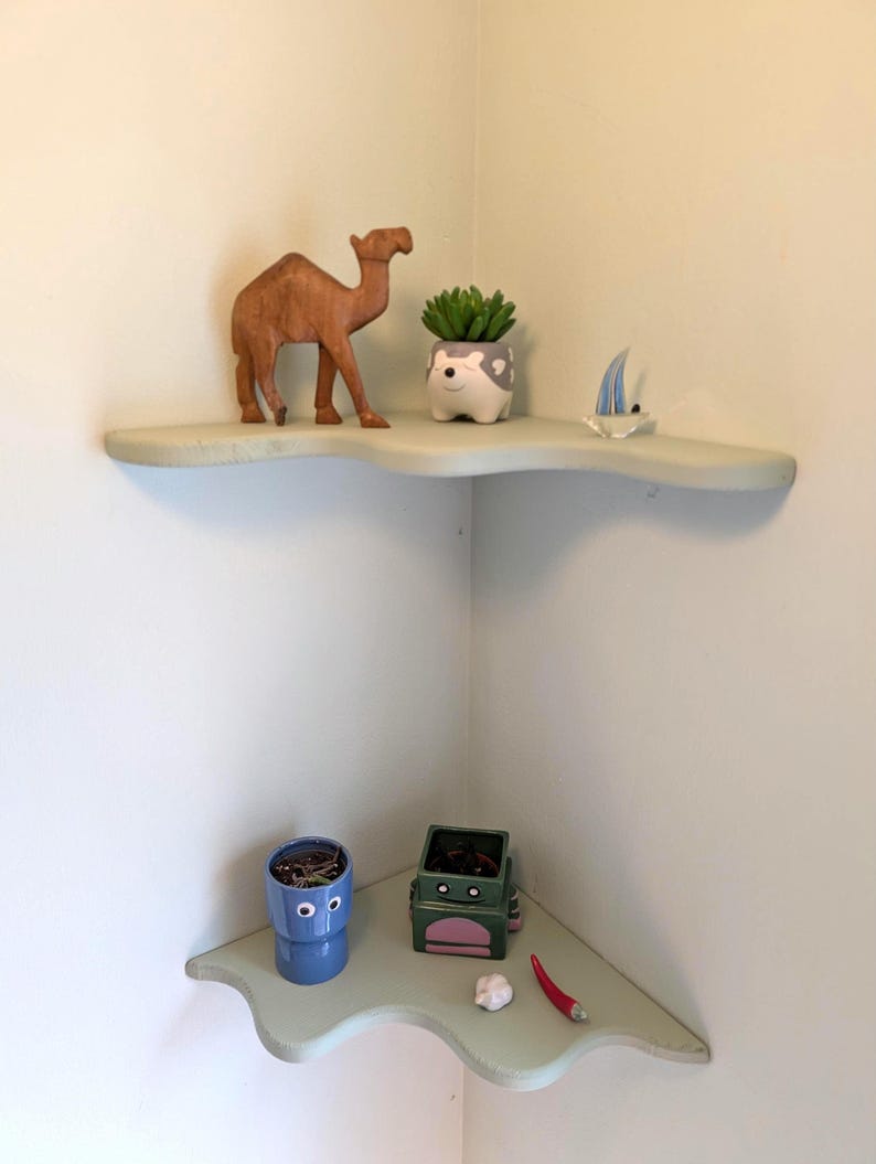 2pcs Live Edge Floating Corner Shelf | Funky Solid Wood Wall Art, Rustic Bookshelf (300mm) Green