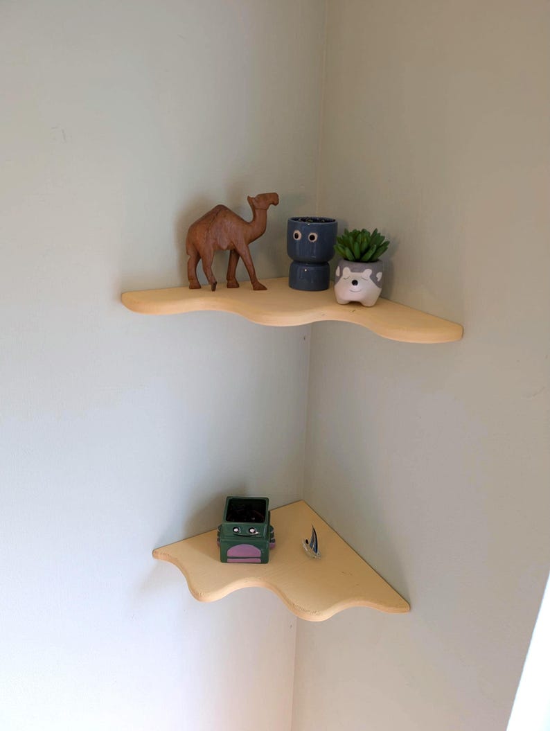 2pcs Live Edge Floating Corner Shelf | Funky Solid Wood Wall Art, Rustic Bookshelf (300mm) Yellow