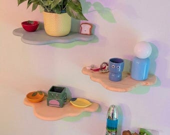 Floating Cloud Wall Shelf - Funky Maximalist Decor - Pastel Wood Nursery Shelf - Aesthetic Kids Room Decor - Wavy Floating Bookshelf