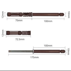 Puede incluir: Tres tacos de pared y componentes de fijación marrones. El taco superior mide 12mm de ancho y 75mm de largo con una extensión de 100mm. El taco central mide 12mm de ancho y 72,5mm de largo. El componente inferior mide 175mm de largo total.
