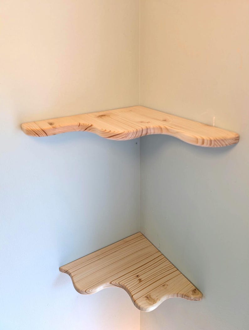 2pcs Live Edge Floating Corner Shelf | Funky Solid Wood Wall Art, Rustic Bookshelf (300mm) Unfinished